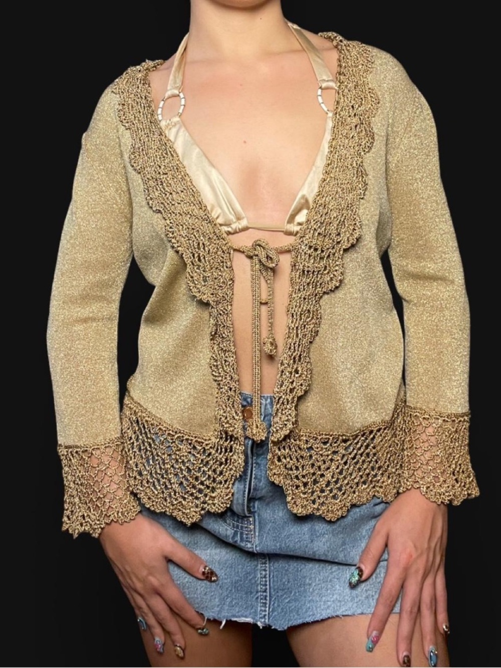 Joseph A Metallic Gold Crochet-Trim V-Neck Sweater